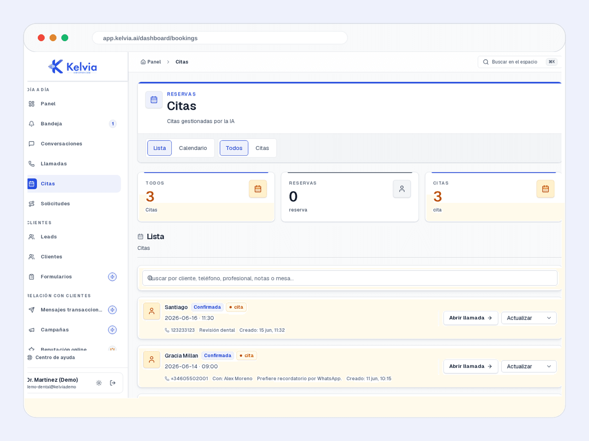 Real Kelvia appointments screenshot showing AI-managed bookings and appointment details.