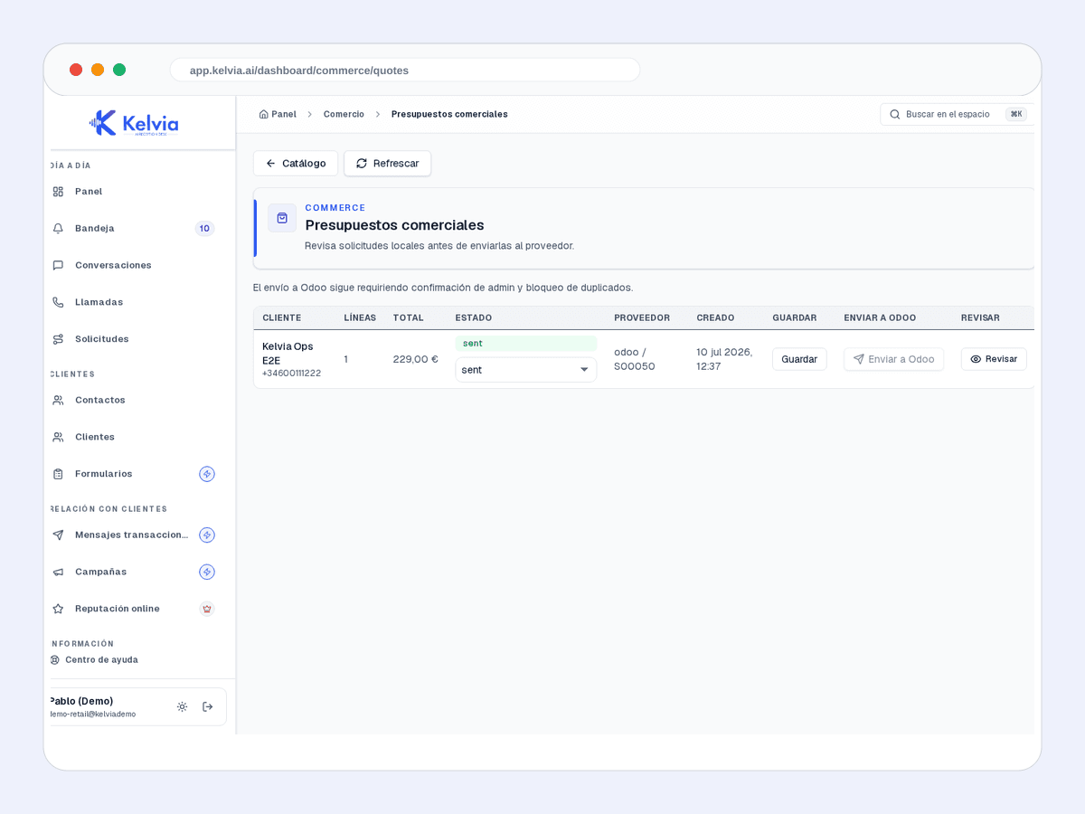 Real Kelvia retail demo screenshot showing commerce quote requests and staff review status.