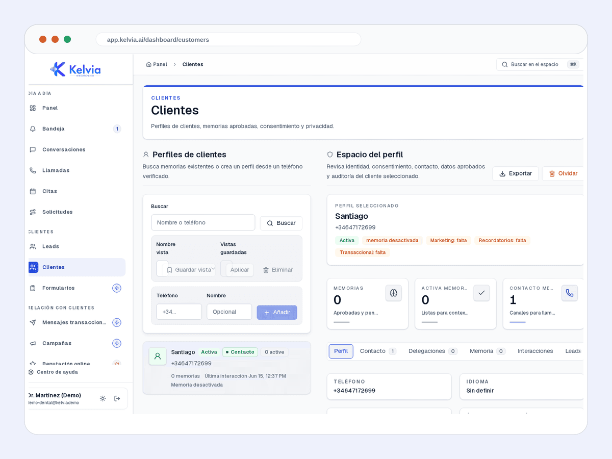 Real Kelvia customer memory screenshot showing customer profiles, consent, and approved memory controls.
