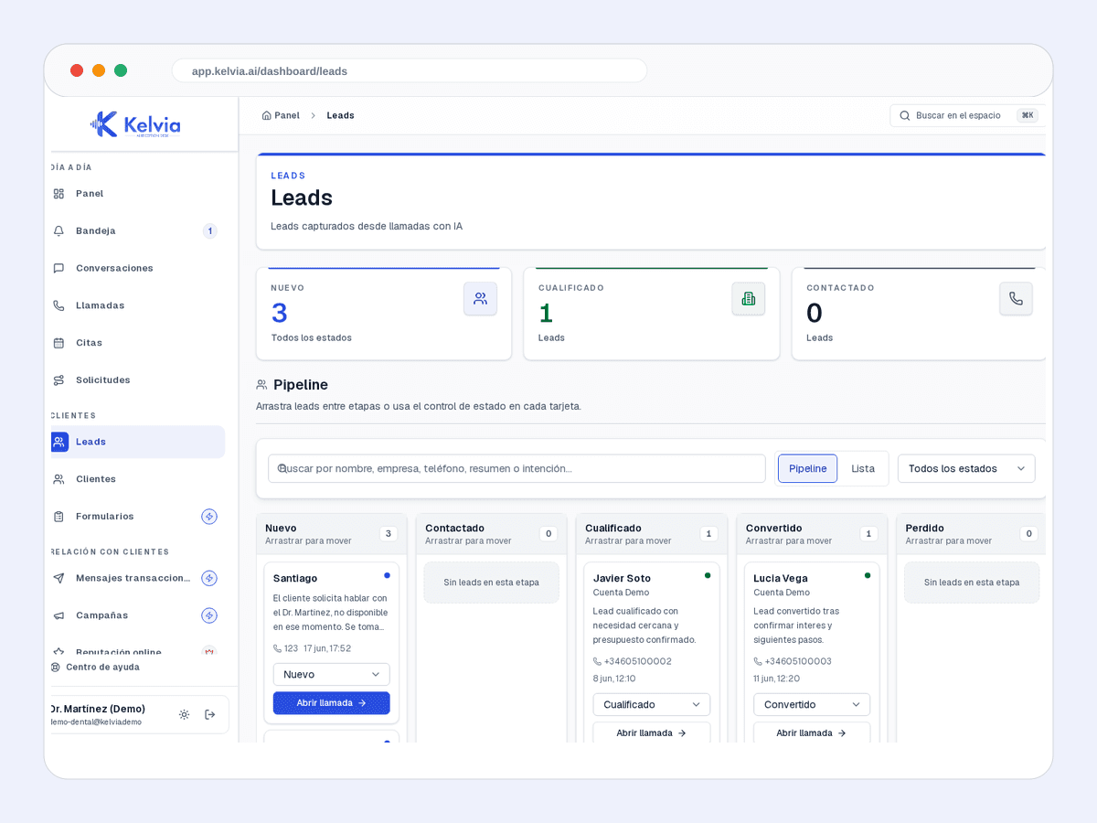 Real Kelvia leads screenshot showing captured customer demand and follow-up fields.