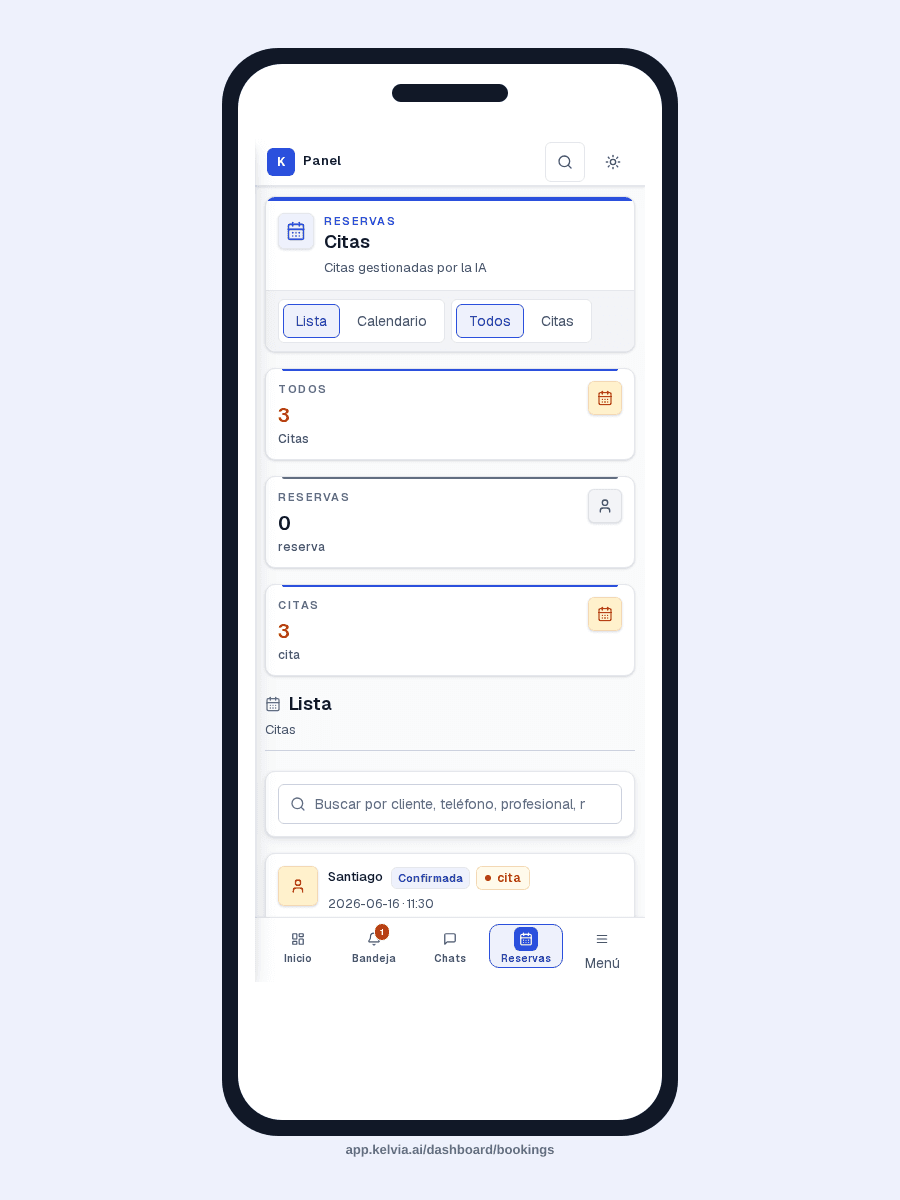 Real Kelvia mobile bookings screenshot showing appointments on a phone viewport.