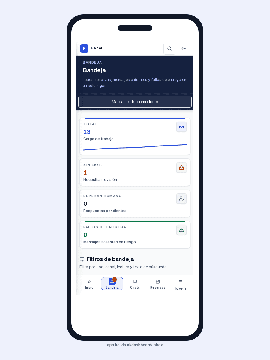 Real Kelvia mobile inbox screenshot showing the unified queue on a phone viewport.