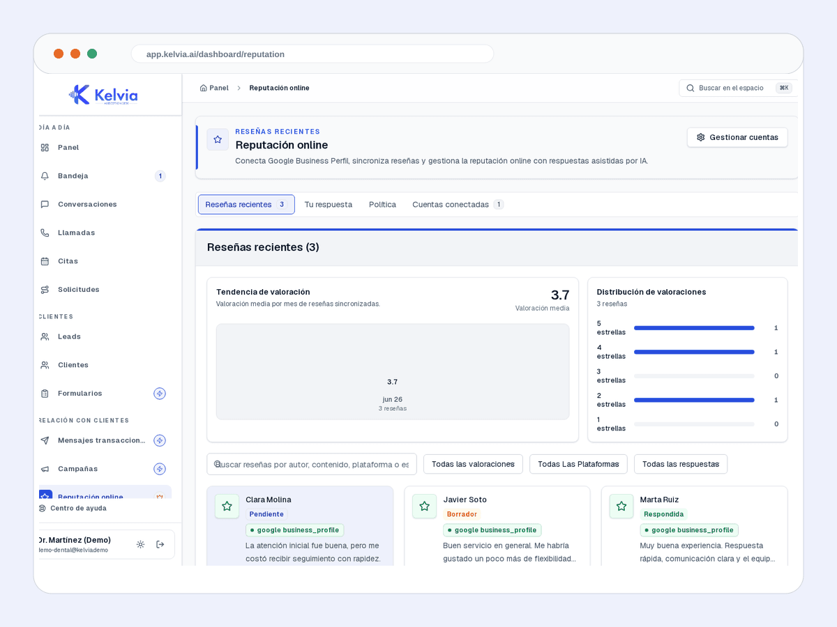 Real Kelvia online reputation screenshot showing review monitoring and AI-assisted replies.