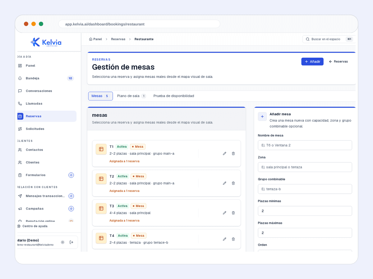 Real Kelvia restaurant reservations screenshot showing table booking operations.