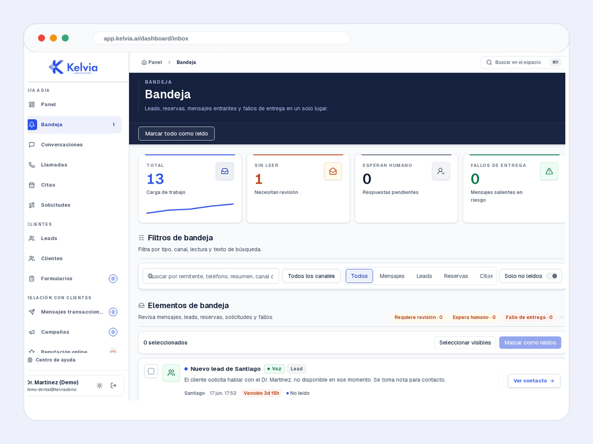 Real Kelvia unified inbox screenshot showing leads, bookings, messages, and delivery failures in one queue.