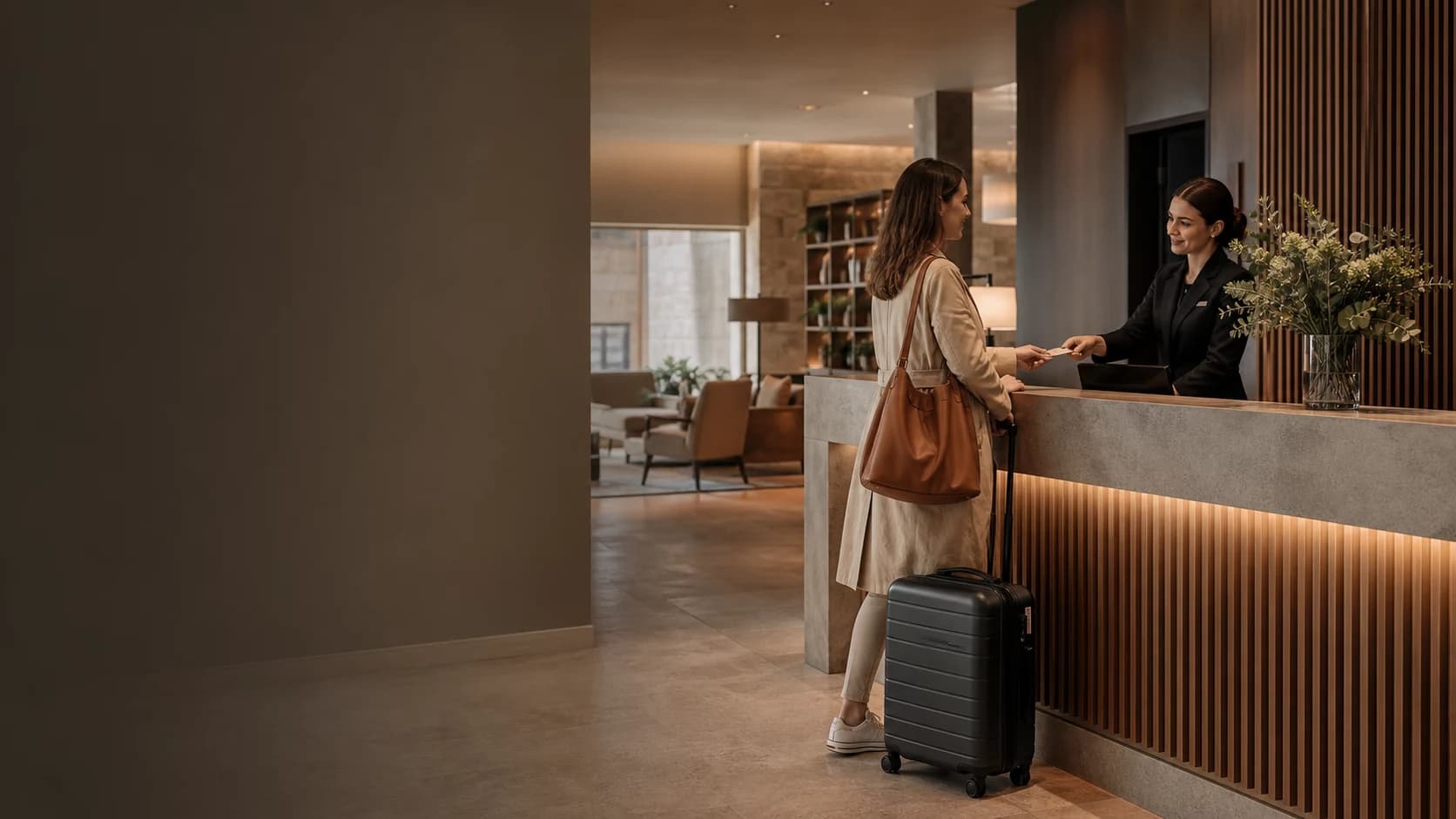 Hotel receptionist welcoming a guest at a modern reception desk.