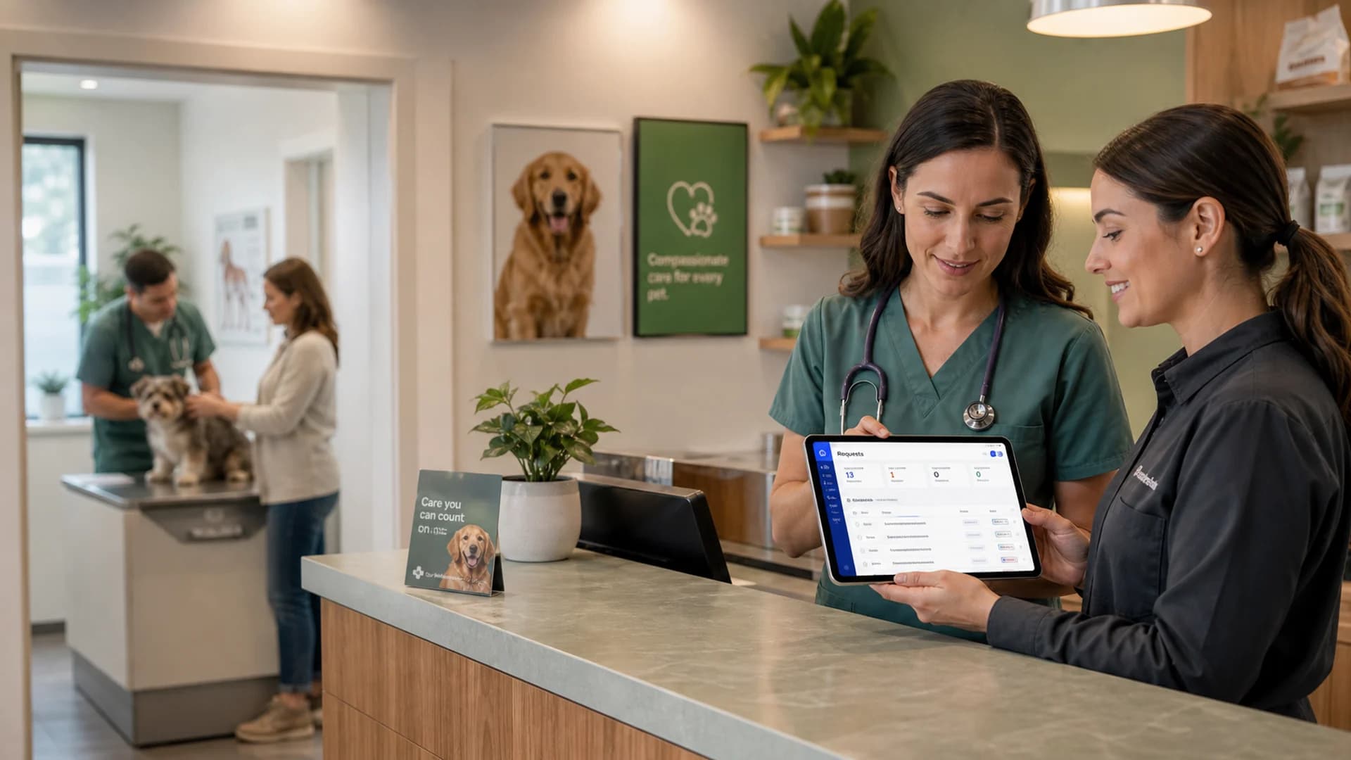 Veterinary team coordinating appointments with Kelvia.