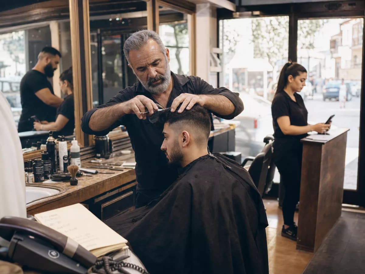 Barbershop team serving clients while Kelvia keeps the calendar moving.