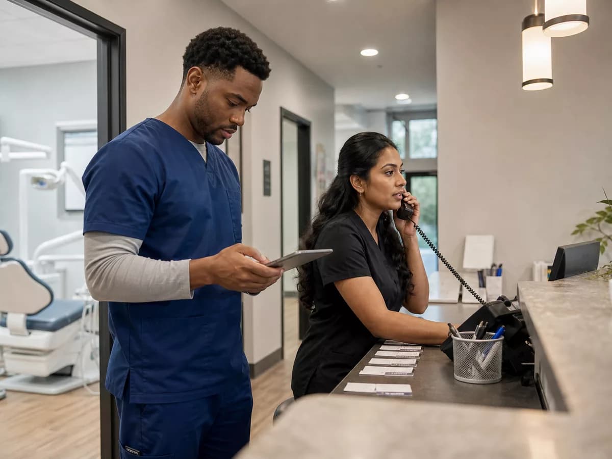 Dental clinic team handling calls while Kelvia books appointments.