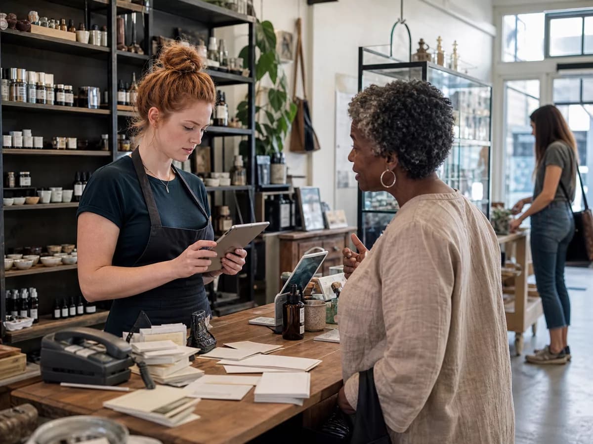 Retail staff helping customers while Kelvia handles product support conversations.