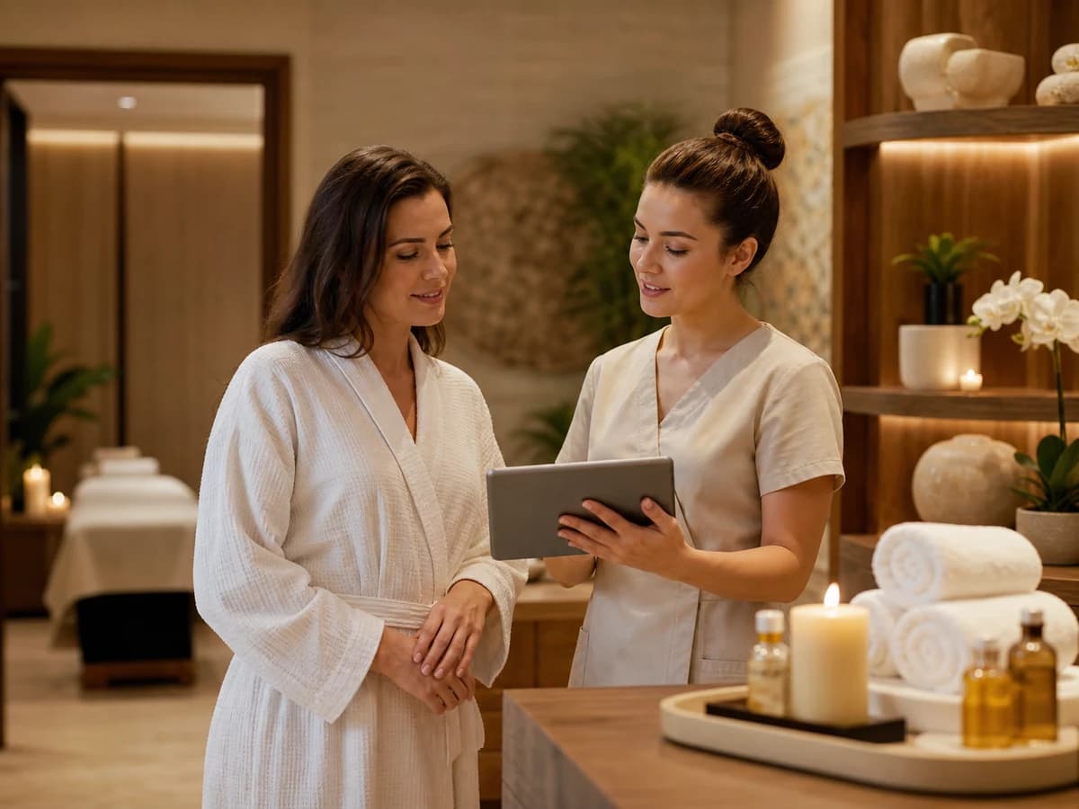 Spa reception team helping guests while Kelvia manages treatment bookings.