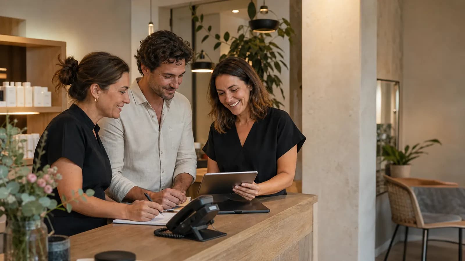 Equipo de pequeño negocio cerrando el día con las solicitudes de clientes gestionadas.