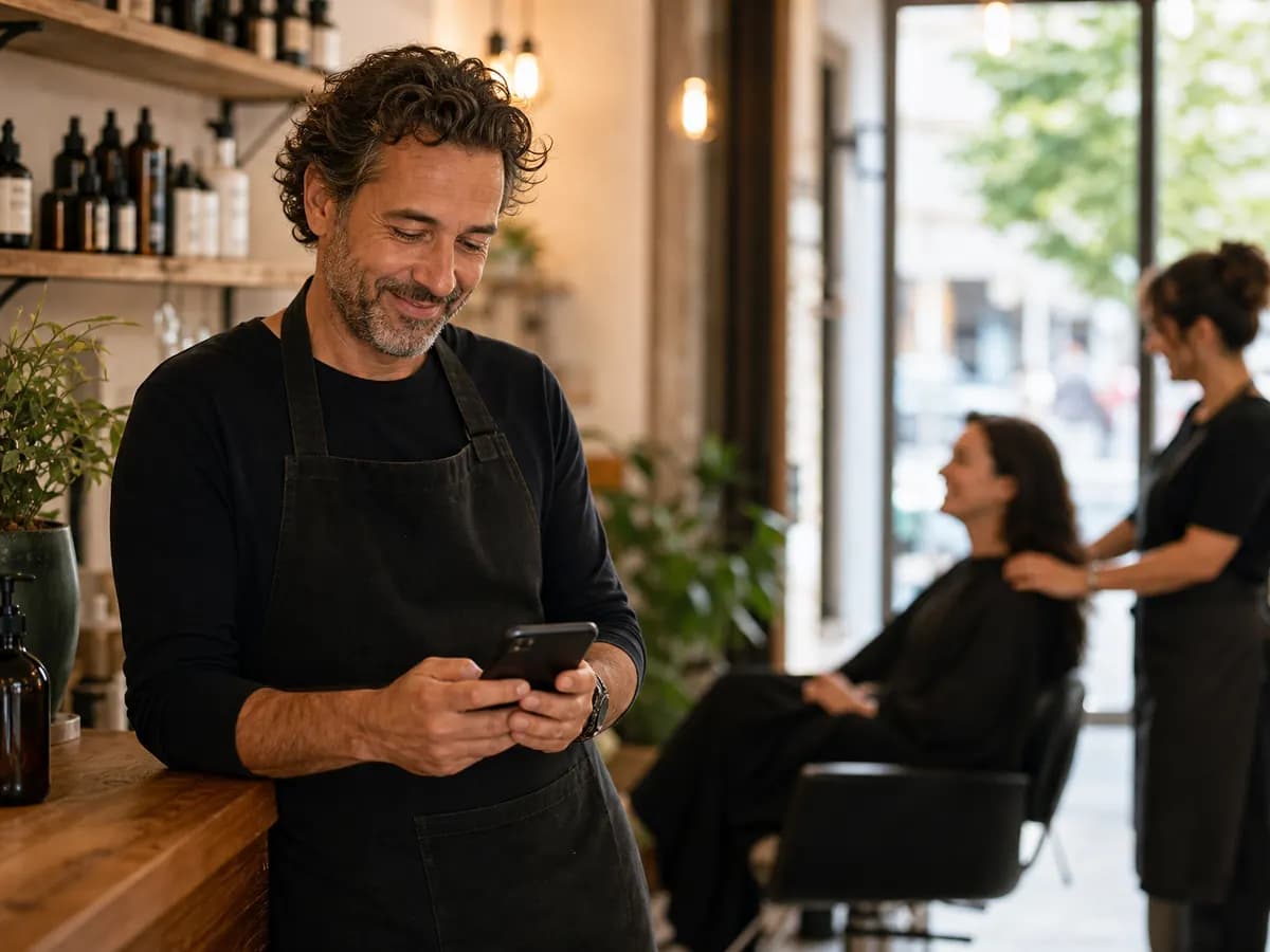 Propietario revisando comentarios de clientes después de una buena experiencia de servicio.