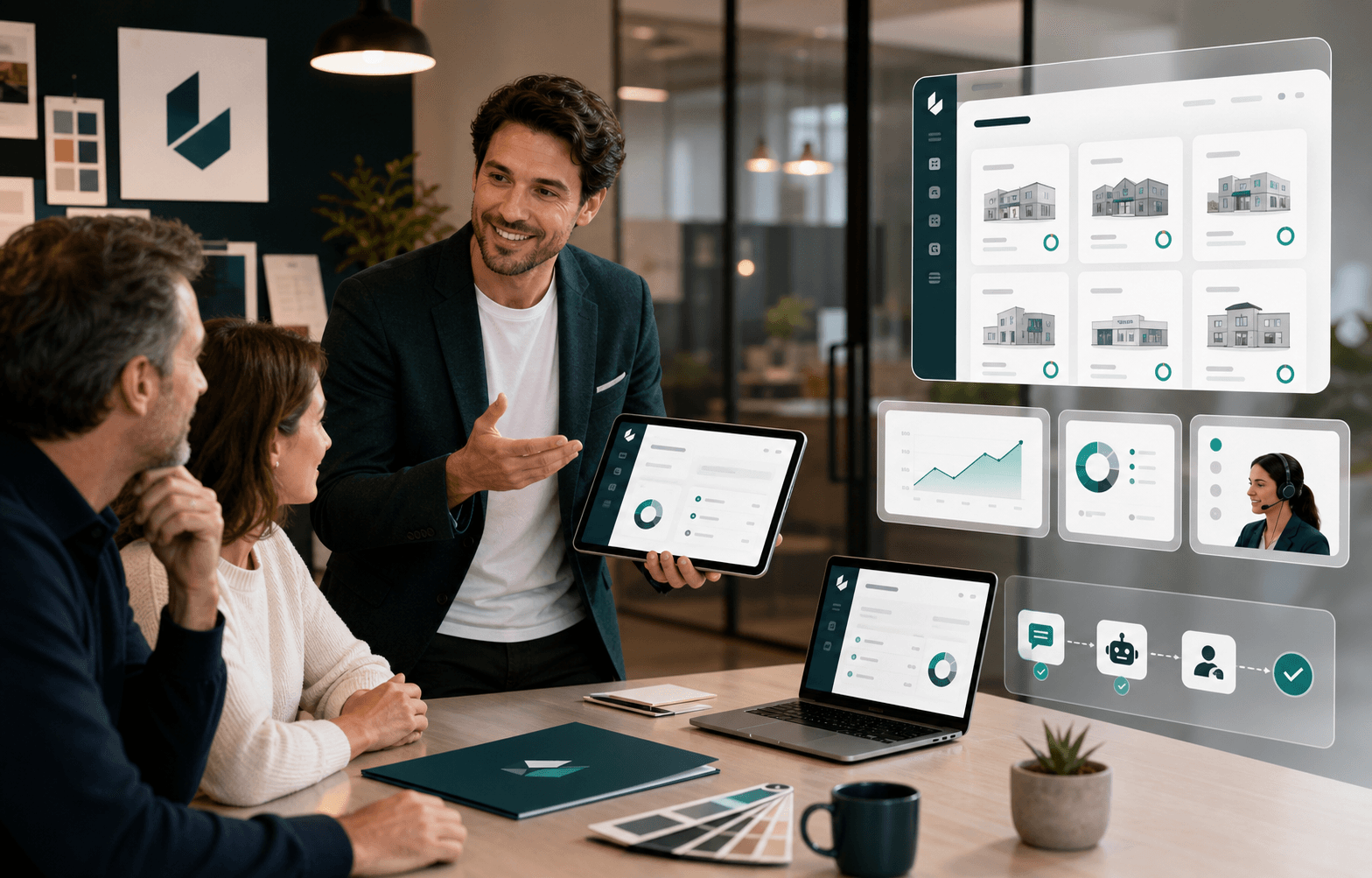 Reseller founder presenting branding controls, billing models, and isolated managed client accounts to business clients.