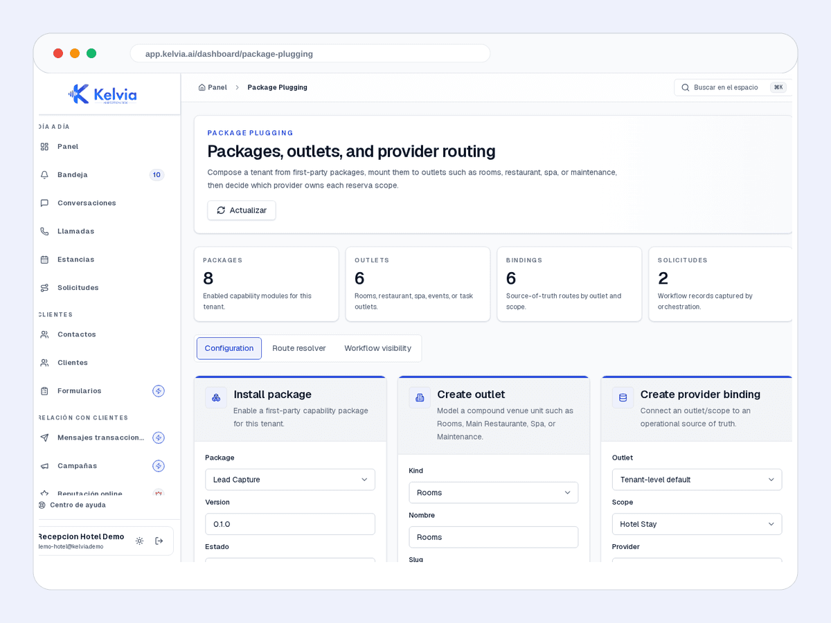 Real Kelvia hotel demo screenshot showing PMS-backed stay requests and staff review operations.