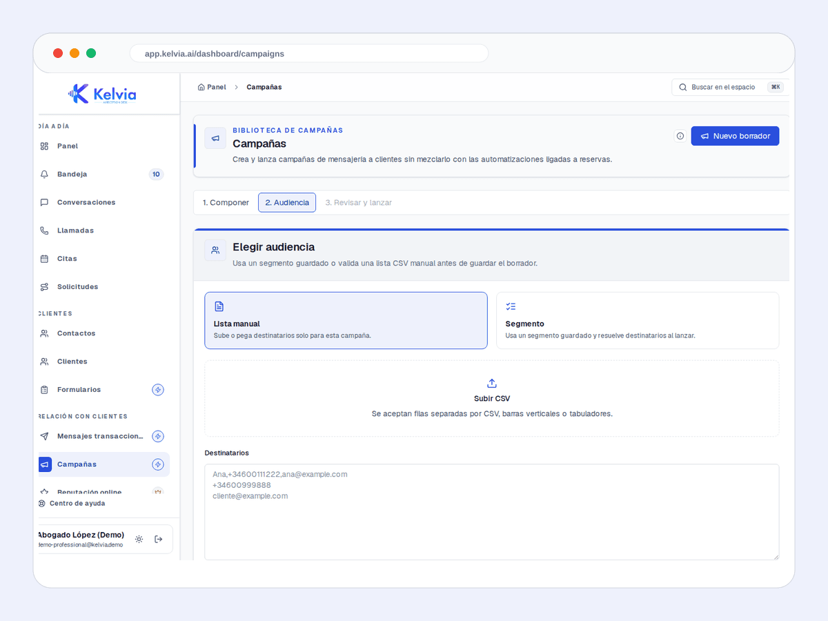 Real Kelvia professional demo screenshot showing campaign audience selection with manual-list and saved-segment options.