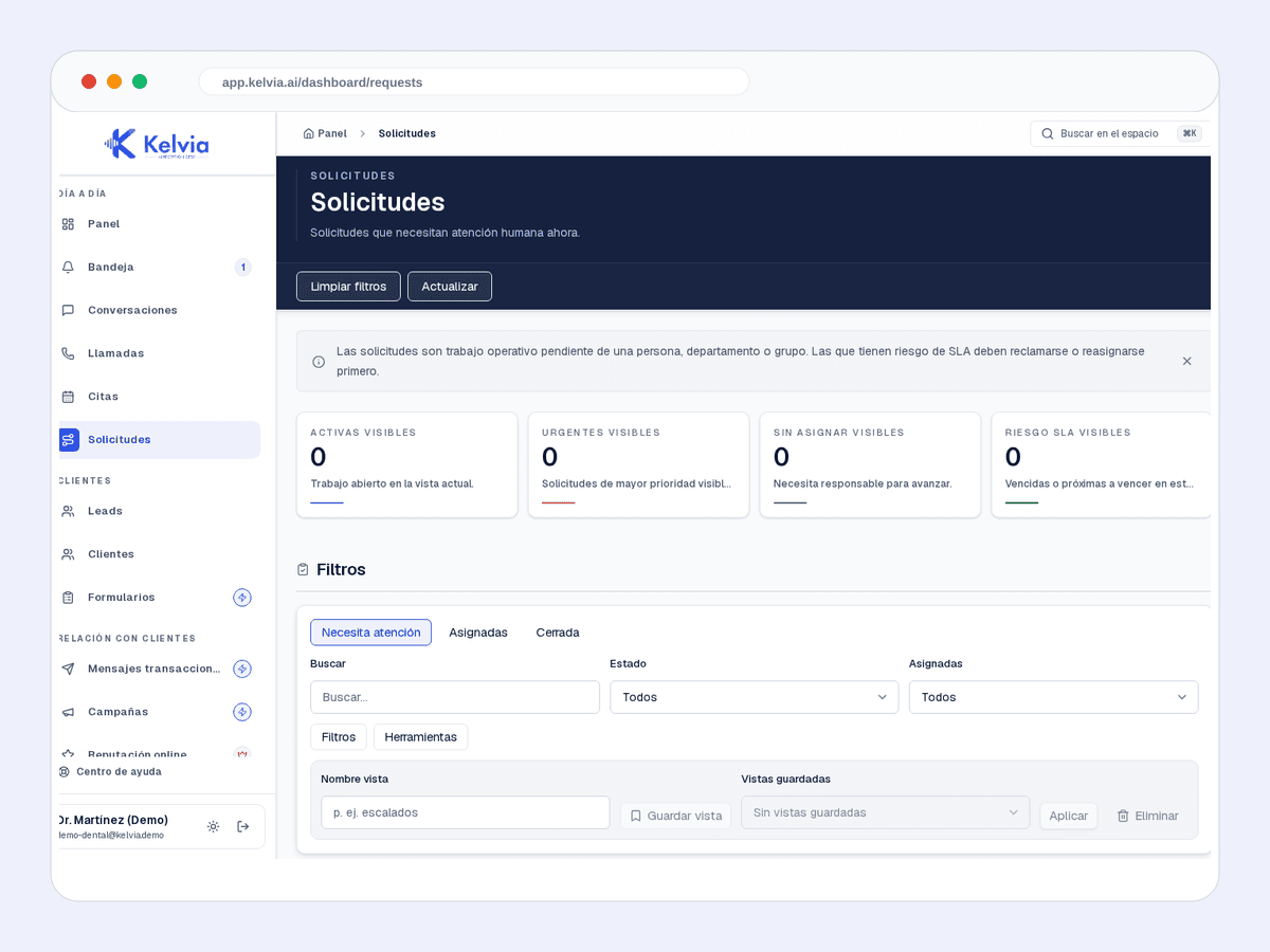 Real Kelvia requests screenshot showing routed customer requests and operational follow-up.